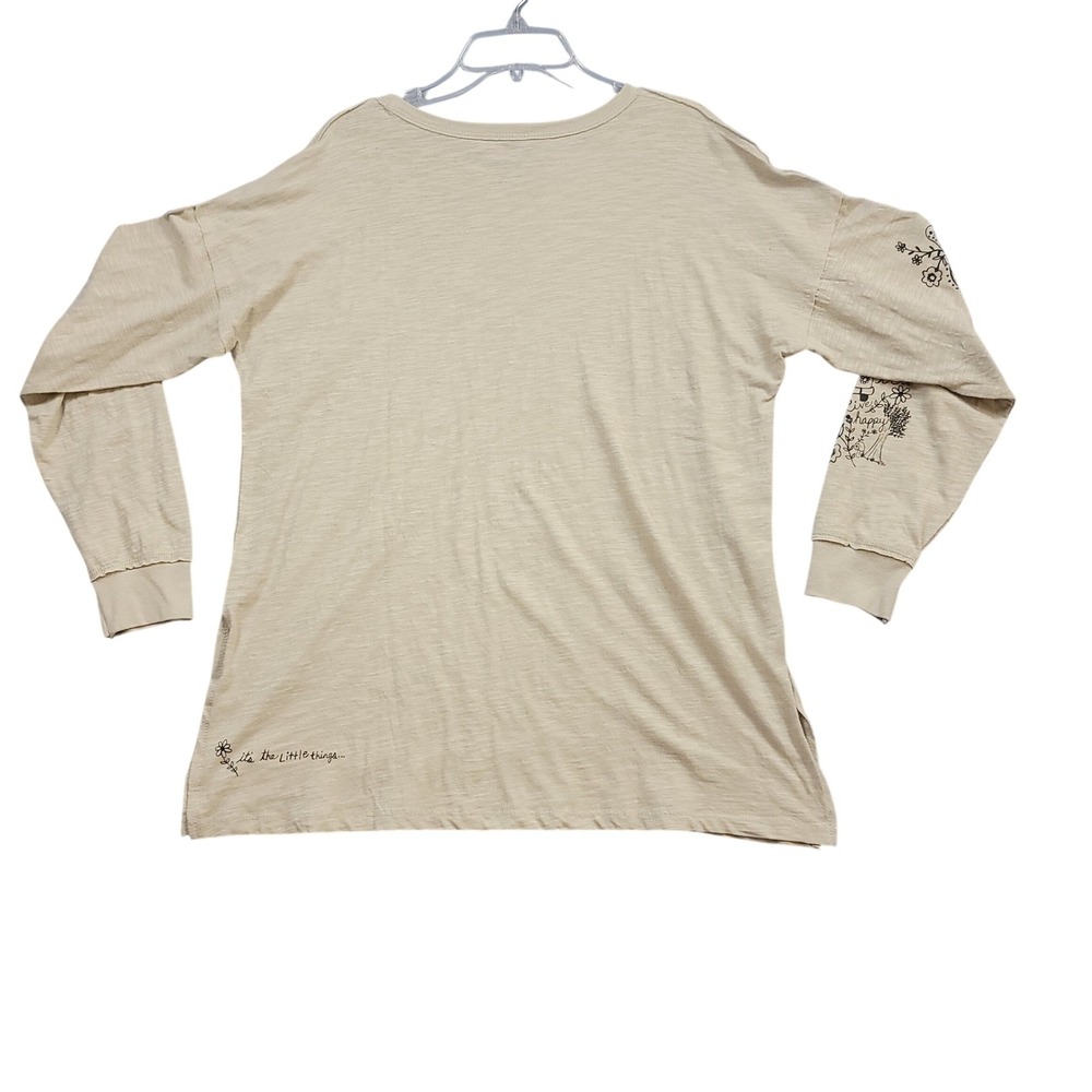 Natural Life Graphic Tee Womens Medium Tan Live Happy Long Sleeve Slub Cotton - Picture 2 of 6